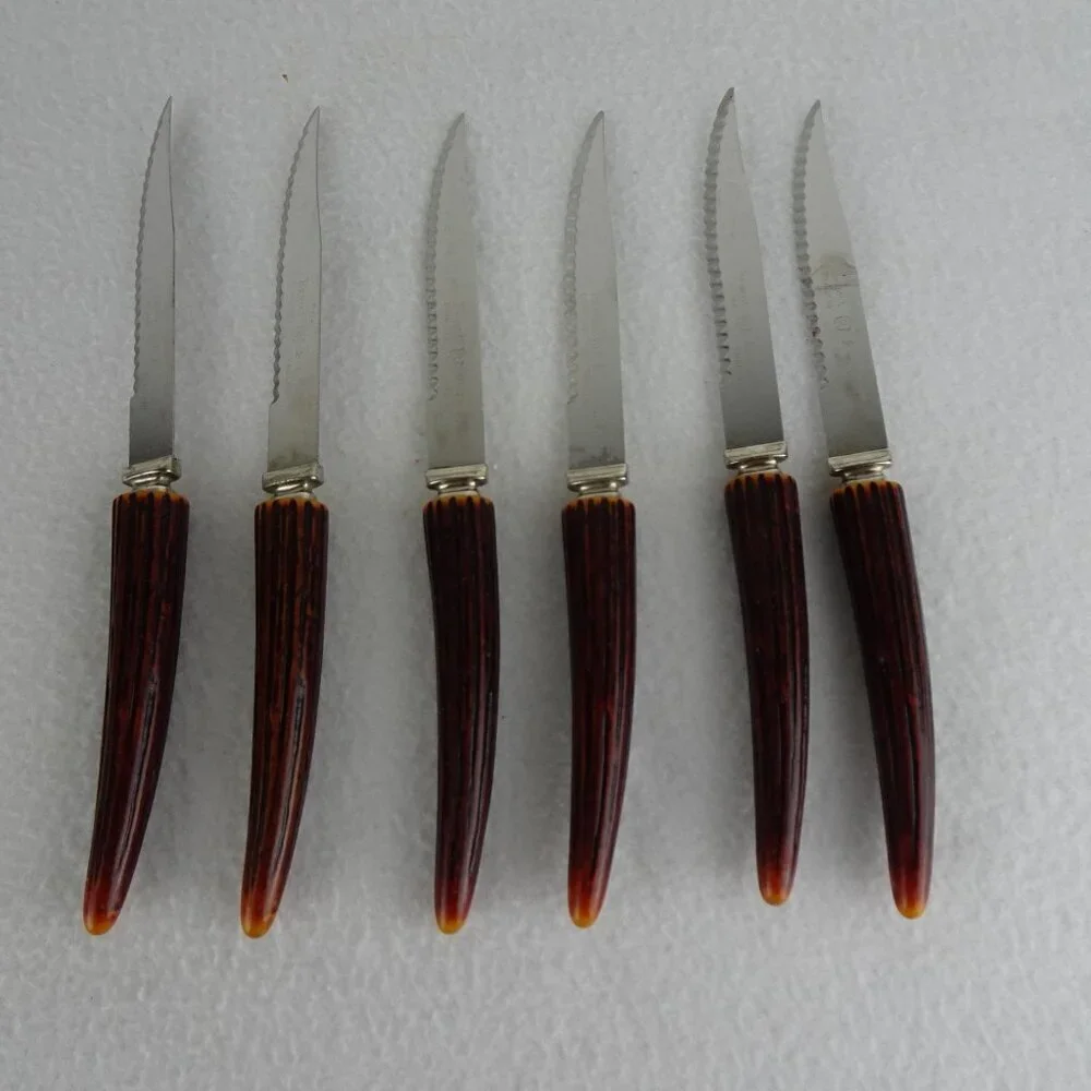 6 REGENT SHEFFIELD Steak Knives Stainless Blade Faux Antler Handle Original Box
